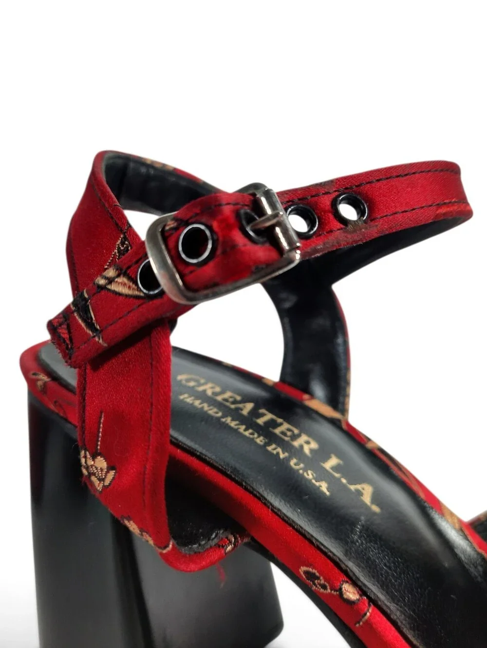 New Y2K GREATER L.A. Platform Heels Sandles Asian Red Satin Floral MCM Vtg 7
